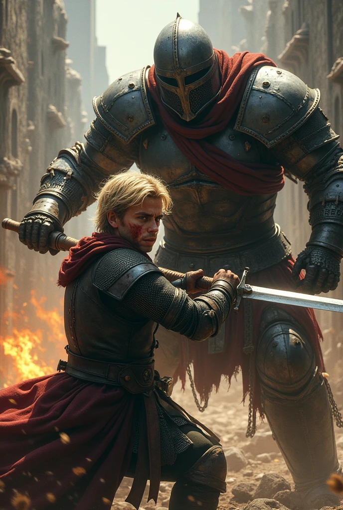 a blonde hair young man wearing a simple mediaeval boiled leather and scrappy armour with a sword. Red paint dripping from his head as he is ,fighting a 30 year old 7 foot big and muscular man whose wearing chainmail and with swords. Ruined stone castle in the background. With flames and dead soldiers wearing chainmail in the background.