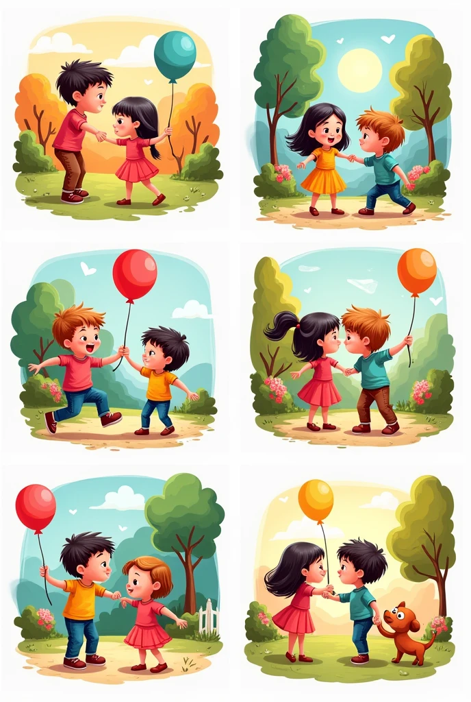 Cartoon of 6 vignettes on solidarity with children that play with eachother