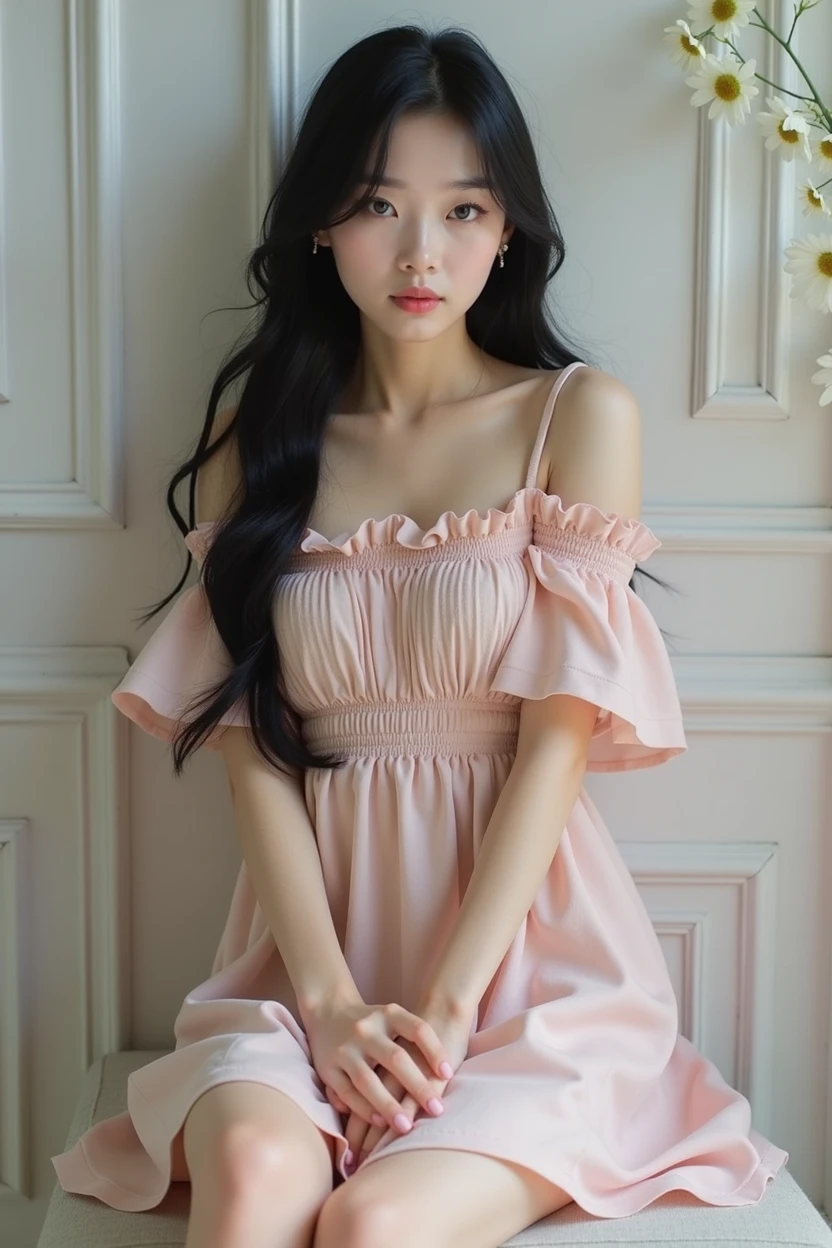 Real Korean girl wearing a short dress and her hair is black and long