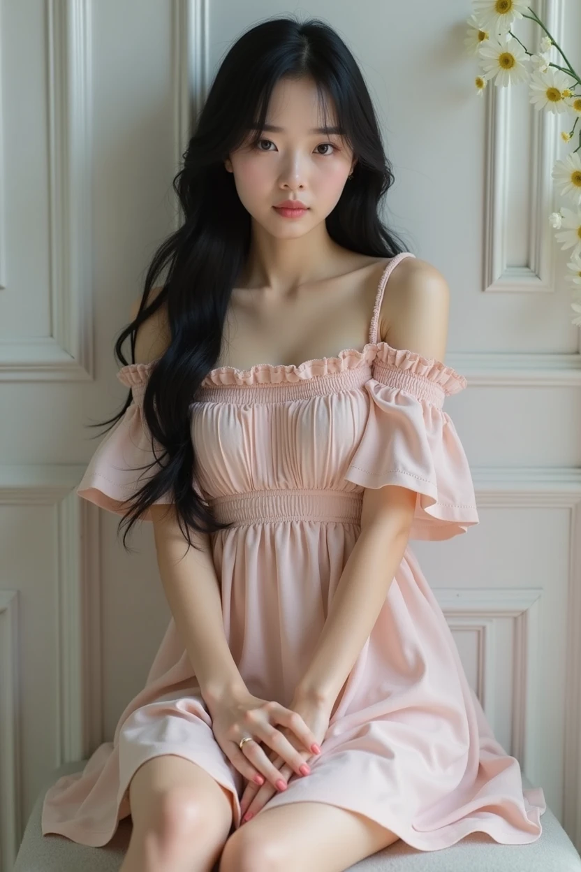 Real Korean girl wearing a short dress and her hair is black and long