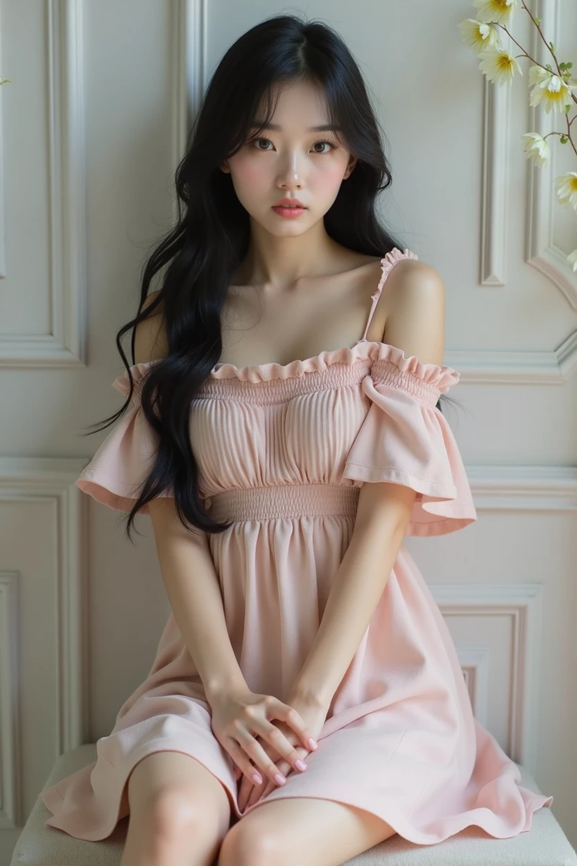 Real Korean girl wearing a short dress and her hair is black and long