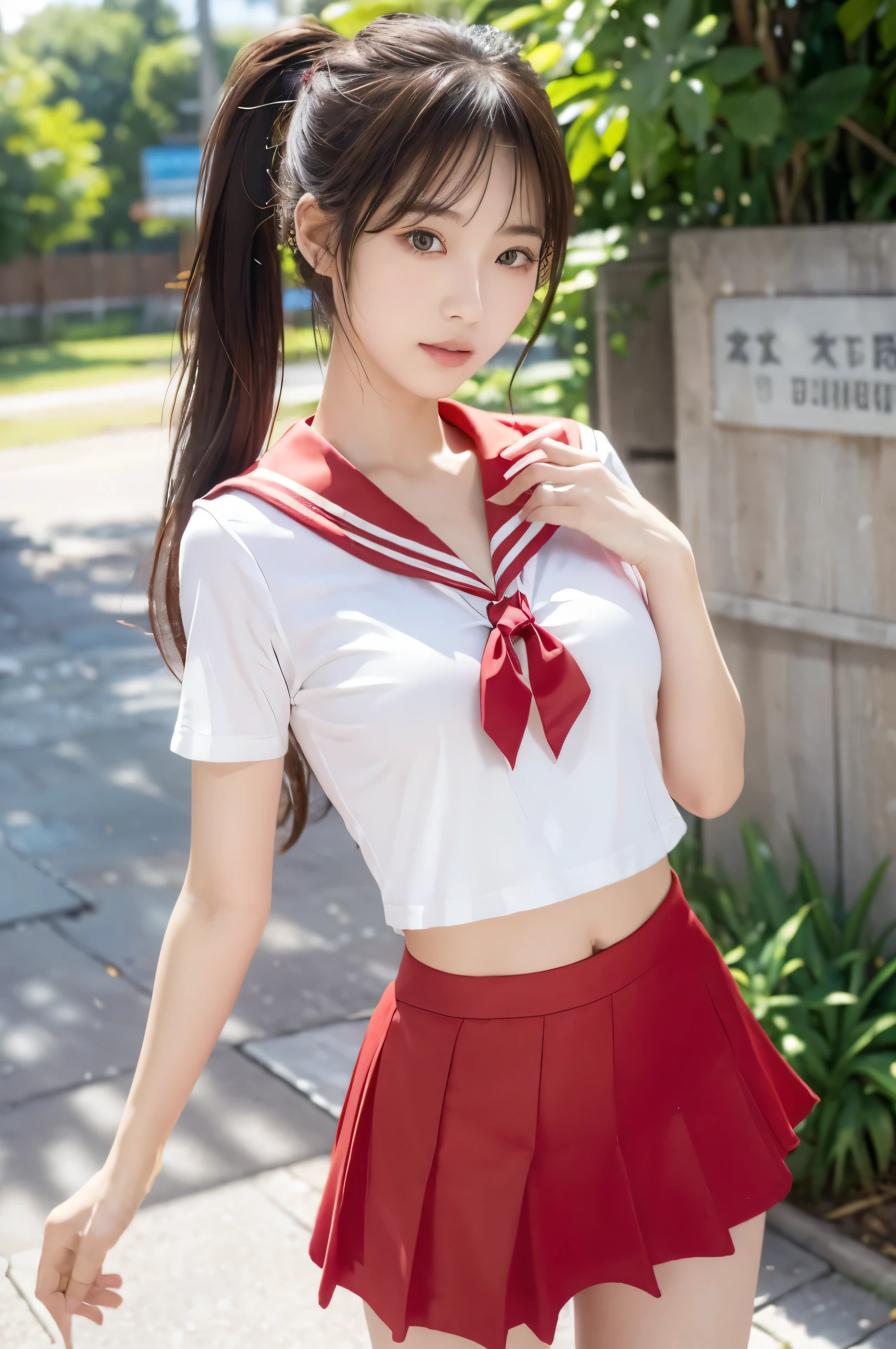 (Ultra HD), (Red sailor suit, Red short skirt), Big Breasts, slender, Narrow waist, (The belly button is visible:0.8), whole body, Standing posture, (Beautiful Skin, Shiny skin, White skin), (Super slim face, Super beautiful face, No makeup), (ponytail, Layered Cut, Fluffy hair), (double eyelid, Slanted Eyes), Small Nose, Thin lips, Thin legs, In front of the school gate