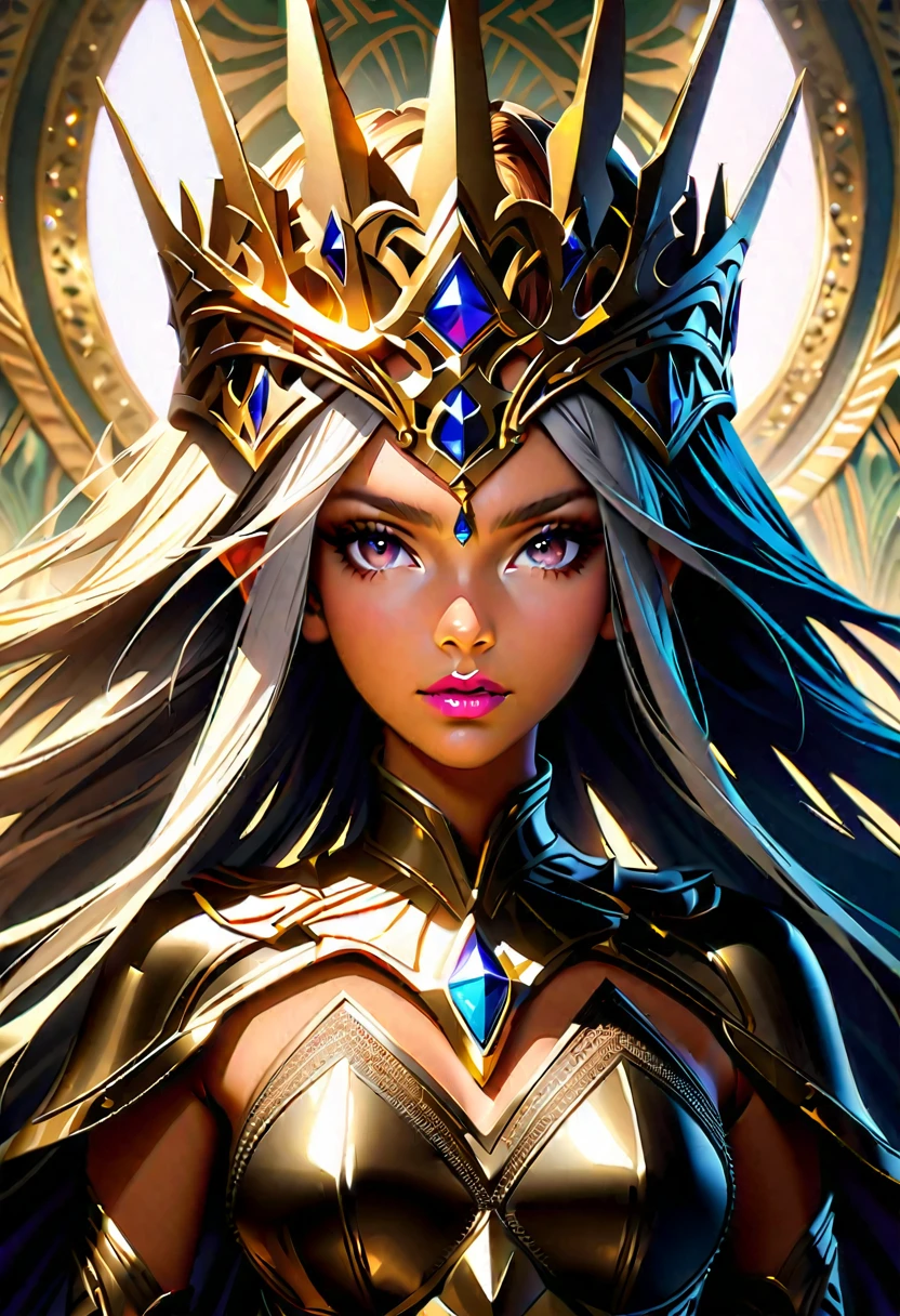 Create an ultra-detailed, photorealistic illustration of a strong queen bunny girl with very long, braided hair. Her hair should be flowing and intricate, with a neutral tan skin color. She is adorned in purplish armor that is both elegant and robust, reflecting her strength and royal status. The armor features delicate engravings and gemstones that catch the light, adding to its majesty. Her ears are tall and expressive, complementing her regal appearance. The background should be an enchanting, mystical landscape with a hint of magical elements, enhancing the overall scene's fantasy feel. Use vibrant colors and dynamic lighting to emphasize her powerful and commanding presence.