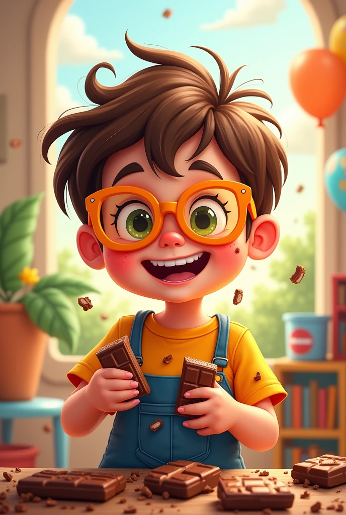 Cartoon of child with chocolate bars and orange glasses 