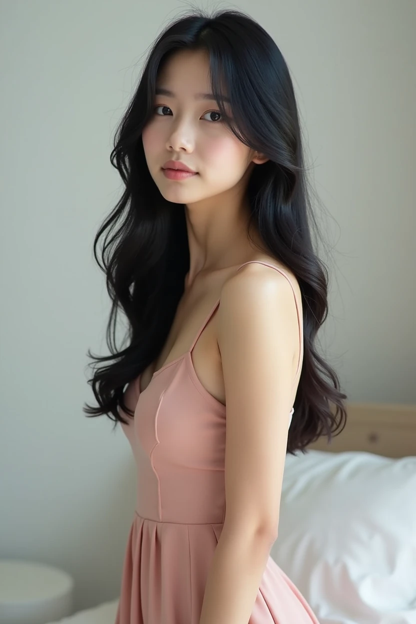 Real Korean girl wearing a short dress and her hair is black and long