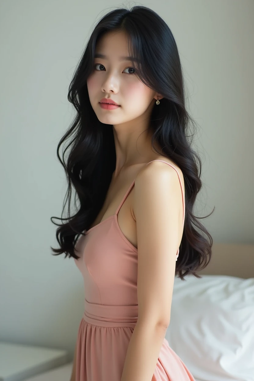 Real Korean girl wearing a short dress and her hair is black and long