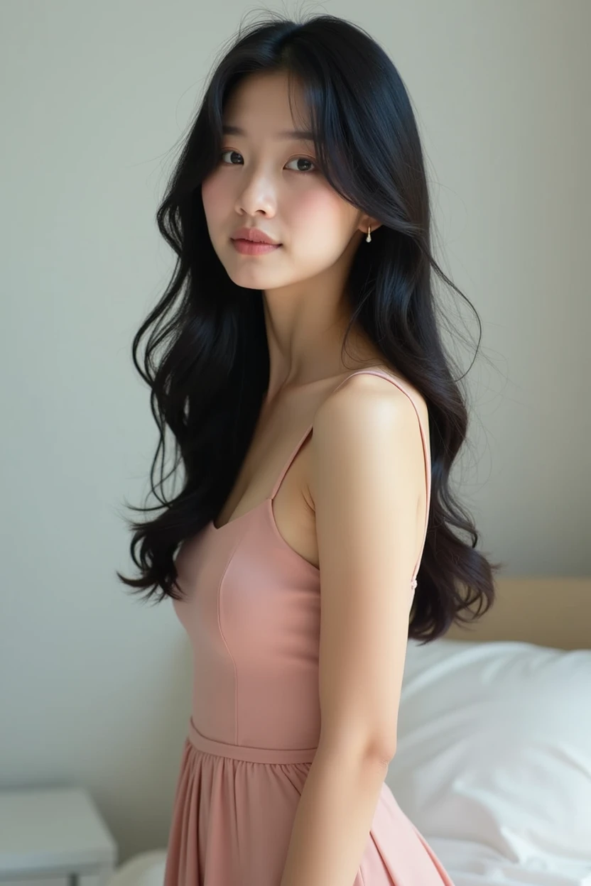 Real Korean girl wearing a short dress and her hair is black and long