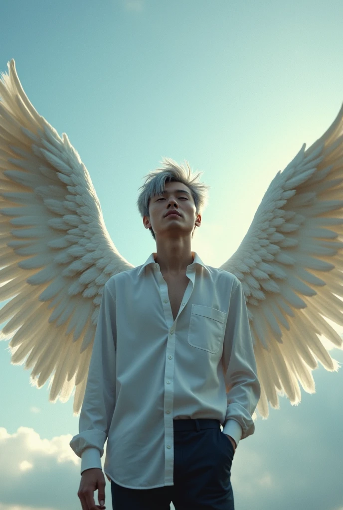 The handsome young man with gray hair looked up slightly at the sky with his eyes closed. He had white wings that were turning black as if they were about to fall.