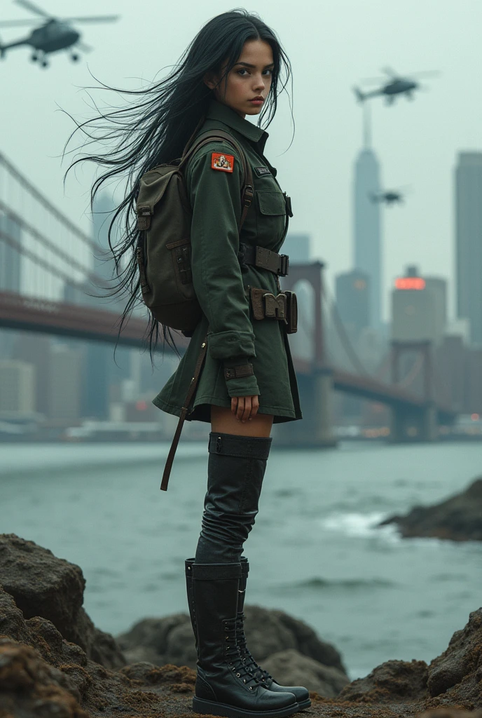 Long black hair white 17 year old girl wearing military uniform,Boots, full-body shot,side,War Background,seaside,New York,Iron bridge,Helicopters,Big brown eyes, Science Fiction, dark mood, charturnerv2