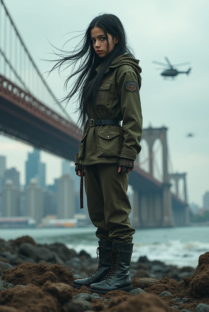 Long black hair white  girl wearing military uniform,Boots， full-body shot，side，War Background，seaside，New York，Iron bridge,Helicopters，Big brown eyes, Science Fiction, dark mood, charturnerv2