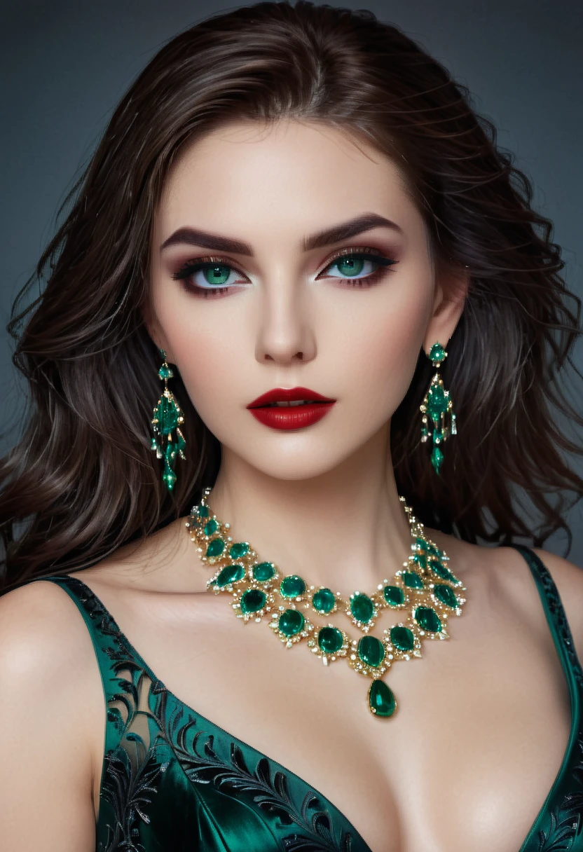 Create a realistic full-body image of a Toreador clan vampire named Estella. She is a figure of impeccable beauty and supernatural elegance. Her skin is pale and fair, with an ethereal glow in the light. his eyes are deep-set, possessing an intense color like dark blue or emerald green, reflecting an intense emotional depth. Her hair is long and luxurious, falling in gentle waves, with a rich and deep color like black or dark brown.
Estella possesses a slender and well-defined body structure, that displays grace and strength. She is of average to tall height, Com uma postura ereta e elegante. She is dressed in sophisticated, high-fashion attire, like a glamorous evening gown or a luxurious suit, complemented with refined accessories that highlight her artistic style and social status. The makeup is flawless, accentuating your eyes and lips.
She exudes an aura of power and control mixed with irresistible charm. Her presence is striking and captivating, conveying a dominating and artistic charm. Make sure to capture the essence of her vampiric nature and the touch of refinement in every detail.
