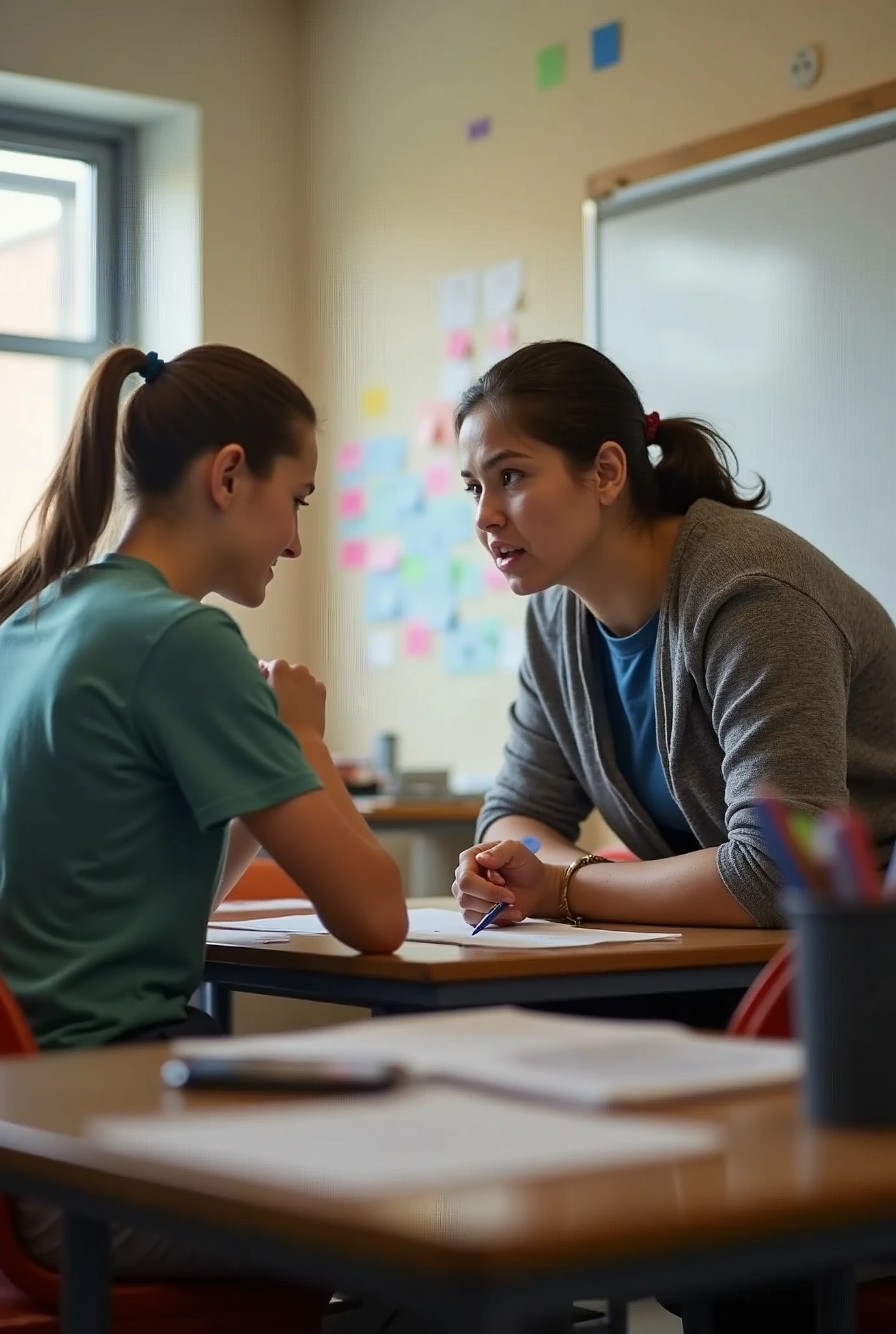 female teacher and male student, in class, in close position