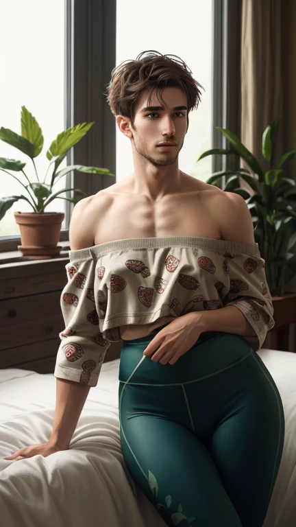 (photorealism:1.2), young man, sitting on bed, wearing loose off-shoulder top, pajama pants, very short spikey boyish hair, indoors, soft lighting, plants in background, window with sunlight, cozy room, relaxed pose, realistic, intricate details, warm colors, by Greg Rutkowski, by Alphonse Mucha, wide hips , long legs, thick thighs, large feminine hips, leggings , hot man 