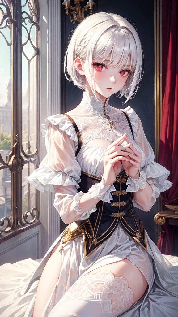 excellent quality, delicate and detailed, fine details, illustration beautiful
white hair, short hairstyle, longer lock of hair on the right side, red eyes, adult, 20 years old, alone, expressionless, pale skin, (attractive), cute, (naughty aura), dynamic poses, gentleman, handsome, global view. Boy, Man.