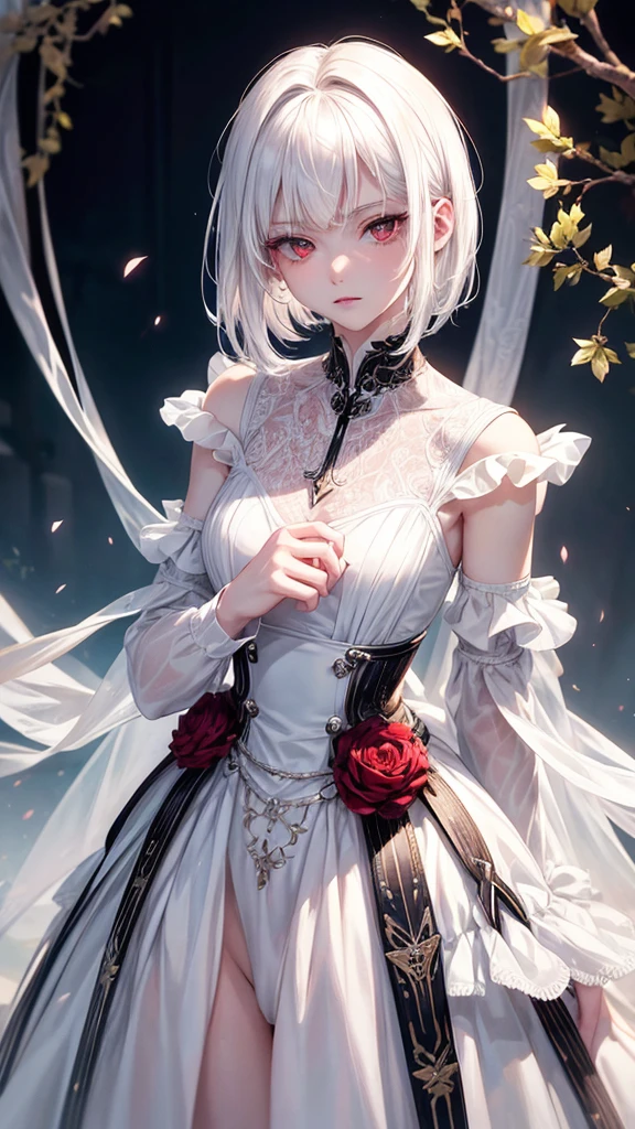 excellent quality, delicate and detailed, fine details, illustration beautiful
white hair, short hairstyle, longer lock of hair on the right side, red eyes, adult, 20 years old, alone, expressionless, pale skin, (attractive), cute, (naughty aura), dynamic poses, gentleman, handsome, global view. Boy, Man.