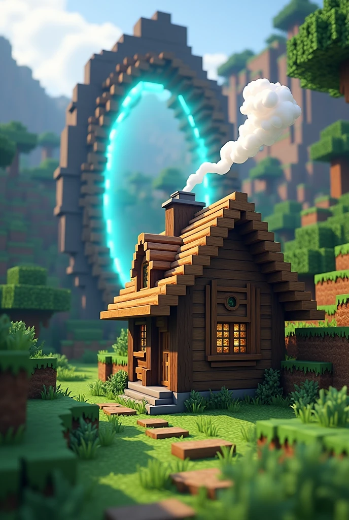 Create a Minecraft Episode 1 Thumbnail with a house and a portal, and make sure it's unique and not found anywhere else on YouTube.