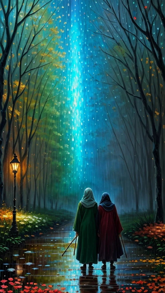 high quality, Impressionism, Abstract, Brushstroke, Palette knife, Canvas,  two  indonesian moslem old couple,bent over and holding a stick loverin rain in park , back ground park night in autumn, stary night sky, rain people,  SERENITY,  Impasto, Chiaroscuro, Contrast, Harmony, Texture, by yukisakura, awesome full color, abstract background