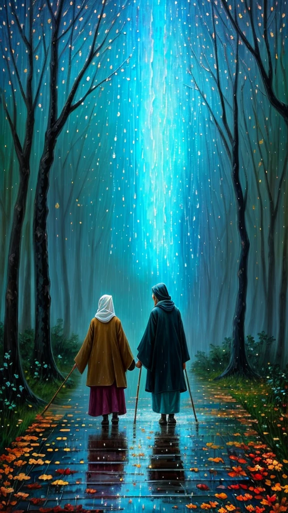 high quality, Impressionism, Abstract, Brushstroke, Palette knife, Canvas,  two  indonesian moslem old couple,bent over and holding a stick loverin rain in park , back ground park night in autumn, stary night sky, rain people,  SERENITY,  Impasto, Chiaroscuro, Contrast, Harmony, Texture, by yukisakura, awesome full color, abstract background
