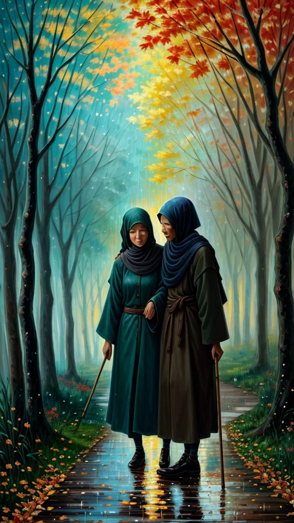 high quality, Impressionism, Abstract, Brushstroke, Palette knife, Canvas,  two  indonesian moslem old couple,bent over and holding a stick loverin rain in park , back ground park night in autumn, stary night sky, rain people,  SERENITY,  Impasto, Chiaroscuro, Contrast, Harmony, Texture, by yukisakura, awesome full color, abstract background