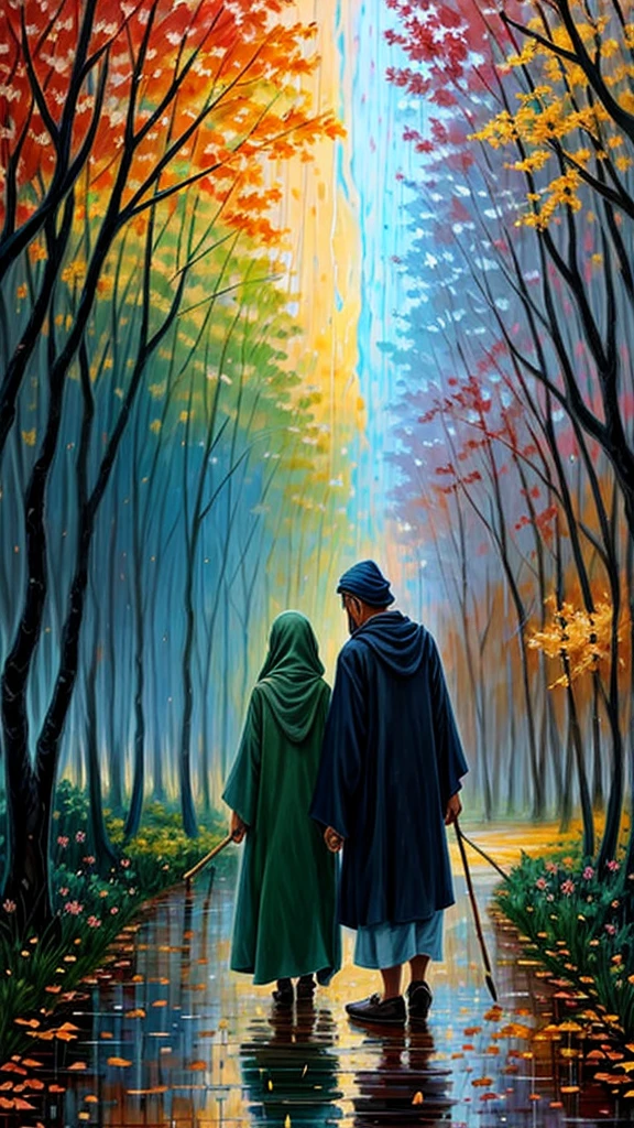 high quality, Impressionism, Abstract, Brushstroke, Palette knife, Canvas, two indonesian moslem old couple,bent over and holding a stick loverin rain in park , back ground park night in autumn, stary night sky, rain people, SERENITY, Impasto, Chiaroscuro, Contrast, Harmony, Texture, by yukisakura, awesome full color, abstract background