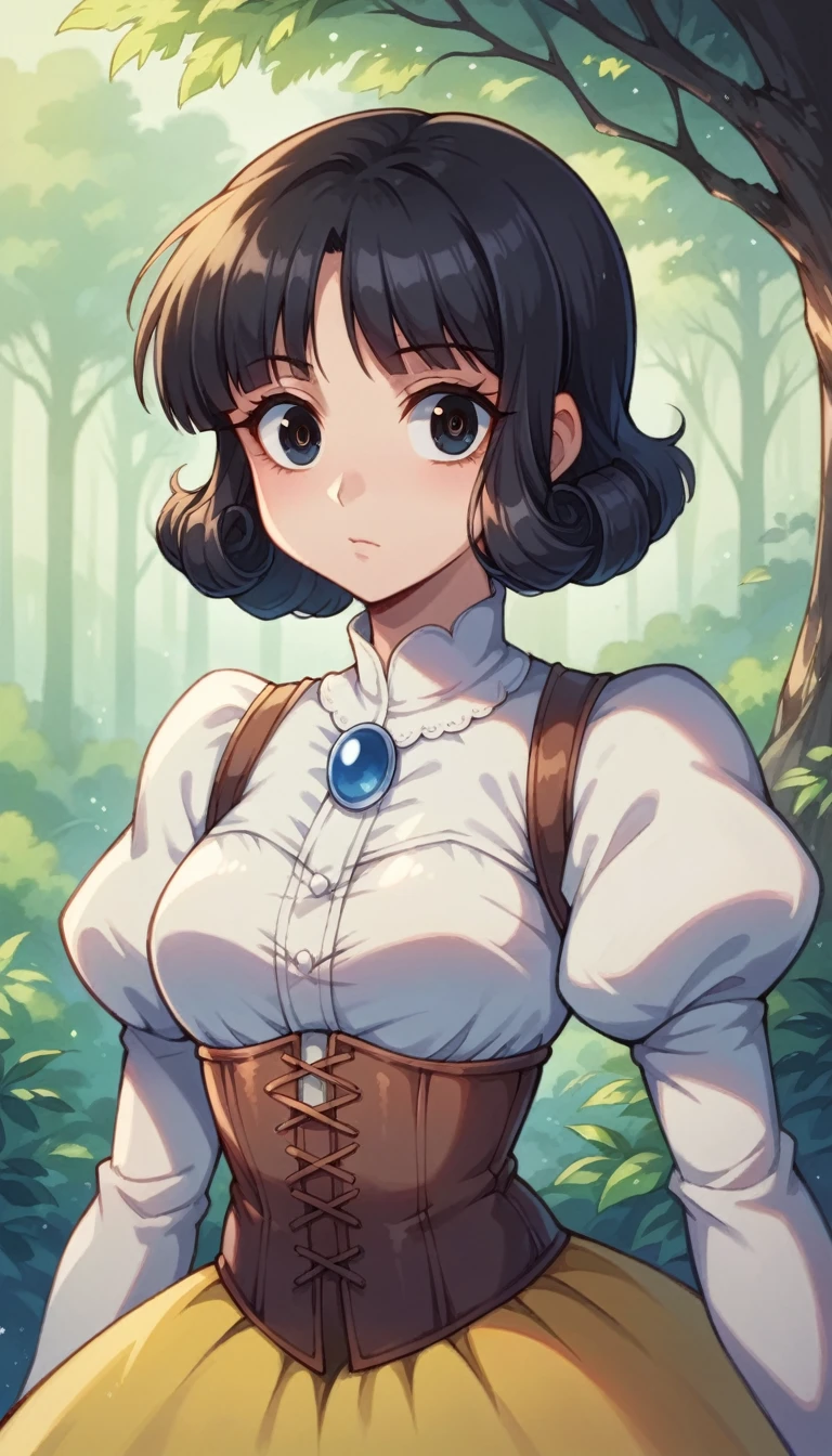 (a girl as SnowPrincessw), (extremely detailed CG unit 8k wallpaper),(master part), (best quality), (ultra detail), (best illustration),(Yoshiaki Kawajiri style), cowboy shot,(Sharp eyeliner, ombre, detailed eyes:1), outdoors, PEAnimeBG forest,break,upper body,puffy sleeves, dress, yellow skirt, corset,short, black hair