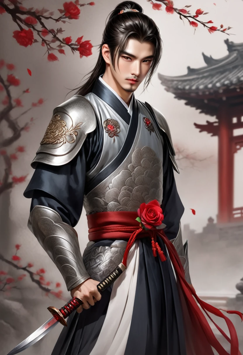 warrior,young man、juvenile、knife、Hanfu,robe,Handsome Face Shape,handsome man、lively, silver body armour, biting a red rose