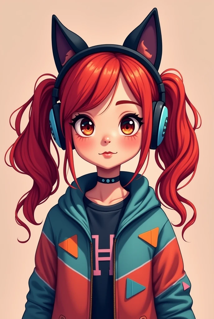 Avatar for the YouTube channel Julia Minergril&#39;s style, but it changes because Vanelo is red and the clothes are colorful. I want a cartoon style. The hair style is tied on both sides and she is a gamer. Red hair is bigger and with colorful clothes. Put her with gamer headphones, the cat headphones and her hair tied on both sides. Look at her. Put brown eyes. 
