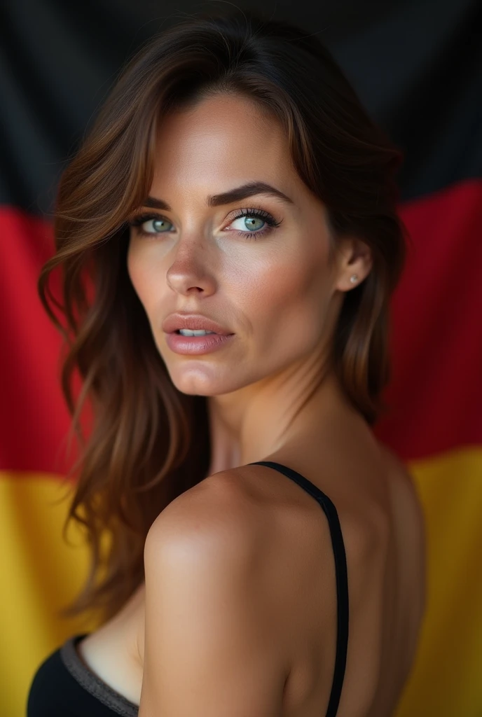 Beautiful mature woman 45 years old, wrinkles on the face, detailed face and texture, From Germany, looks into the frame, sexy, languid face, bright blue eyes, sexual makeup, germany flag on background, belt, голая belt