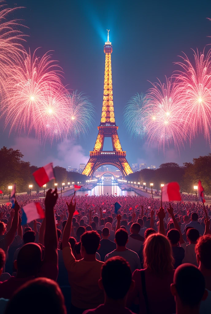 Cérémonie de clôture des Jeux olympiques, you can see the eiffel tower, la Seine et les feux d'artifice, En outre, You can see the Olympic Games logo and people celebrating with French flags.. ultra realistic, Maximum quality