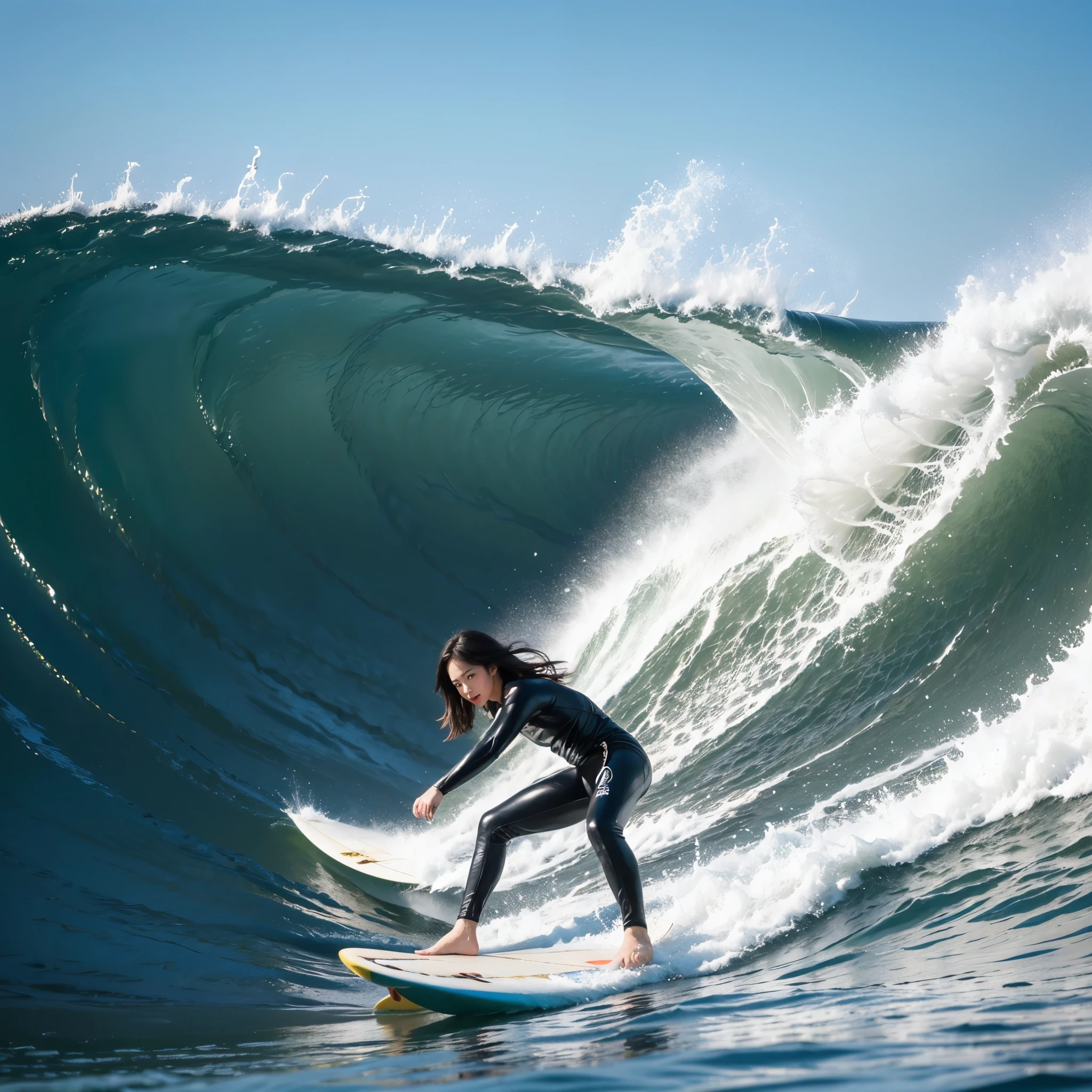 (Luminism:1.28), Back view、(TopQuality 8K Masterpiece:1.2) (ProfessionalPHOTO:1.37) Extremely Detailed (A girl standing on a surfboard riding a wave:1.4), (Colorful morning glory)、(Crouching and balancing on a large surfboard.:1.28)、Surfing on waves、(There is Only one surfboard under her feet:1.3) Splashing water Particles、Sparkling waves 、Wet Hair、(Super hourglass body type)、Dynamic motion blur, Perfect Hand、(Surfing Photos:1.4)、Extreme Sports Photography, action pose