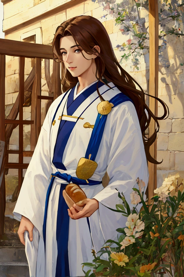 1 person, Realistic, masterpiece, Highest quality, beautiful, Eyes and face with attention to detail,Natural light, Israel 2000 years ago, Linen clothing, Long brown hair, Calm waves,Brown eyes, charm, Pushdown, beautiful若者,relax, Jesus,To eat bread deliciously,Sunbeam, Japanese fan art style illustrations,relaxした笑顔,male