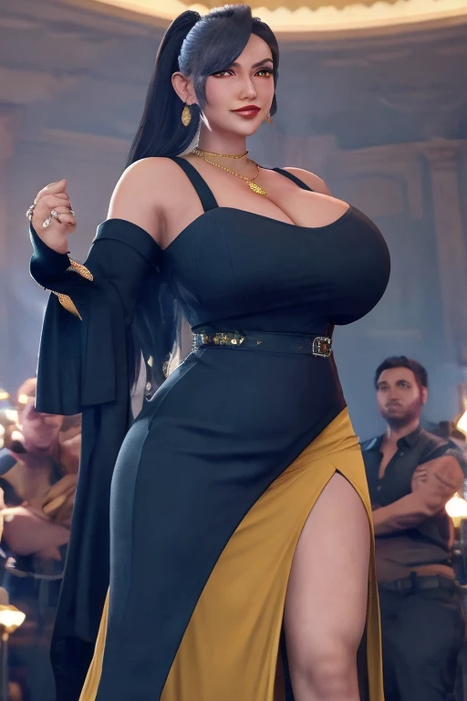 Tifa lockhart, implated Big breast, long sleeve thin yellow  dress that show body curve with a cleavage,Game,1girl,Jewel ring,Gold chained round shape necklace,Hoopa earring,Bracelet,Red lips,(Dark blue eyeshadow),Big cleavage,hair bun,Beehive Bun style ,black hair,Look at us,Curvy,Unnatural big breast,Cleavage,black color long nail,Swaying hip,Head to waist view,eyes on us,Sculpted calves figure,Thick tights,Wide hips,very big cleavage,Enchanced big breast,((Diamond wedding ring)),Aristoticat ring, Detailed eyes,Busty,don corneo mansion,Madam tifa,View from front,dangerous cleavage,semi sweetheart cleavage,Solo