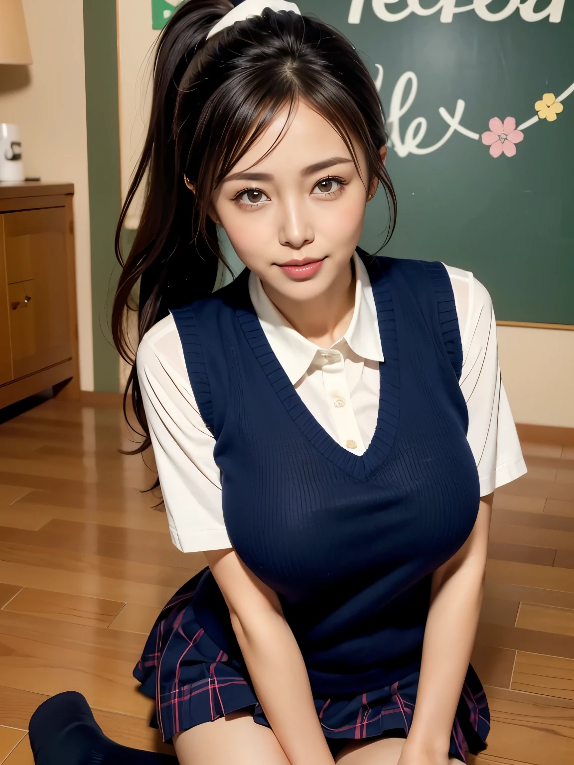 Tabletop、Highest quality、figure、 Ultra-detailed、High resolution、8k wallpaper、Perfect dynamic composition,、Beautiful attention to detail、Natural color lip、Bold sexy pose、smile、Harajuku、36-year-old girl、cute、sexy shot looking at camera、(Highest quality: 1.3), (masterpiece: 1.3), (Super Detail: 1.3), (wallpaper, One Girl: 1.1), (Detailed hands and fingers:1.2)、(Ultra-oily, lustrous skin with attention to detail:1.1)、Oily shiny knee socks、(The perfect school girl uniform:1.3)、Short sleeve dress shirt、(Navy Blue Sleeveless Sweater Vest:1.2)、(Beautiful big breasts:1.3)、(Red checkered mini skirt:1.2)、Sit with your legs apart、Black Hair、Semi-long hair、ponytail、Beautiful sister、Childhood friend's boy's room、Sitting on the floor