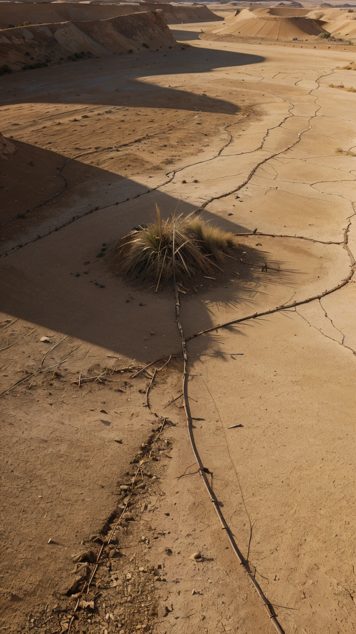 Dry farmland, cracked land, Wilted plants, Hot weather, Surrealism, Hyperrealism, cinematic lighting, image fill, UHD, best quality, UHD