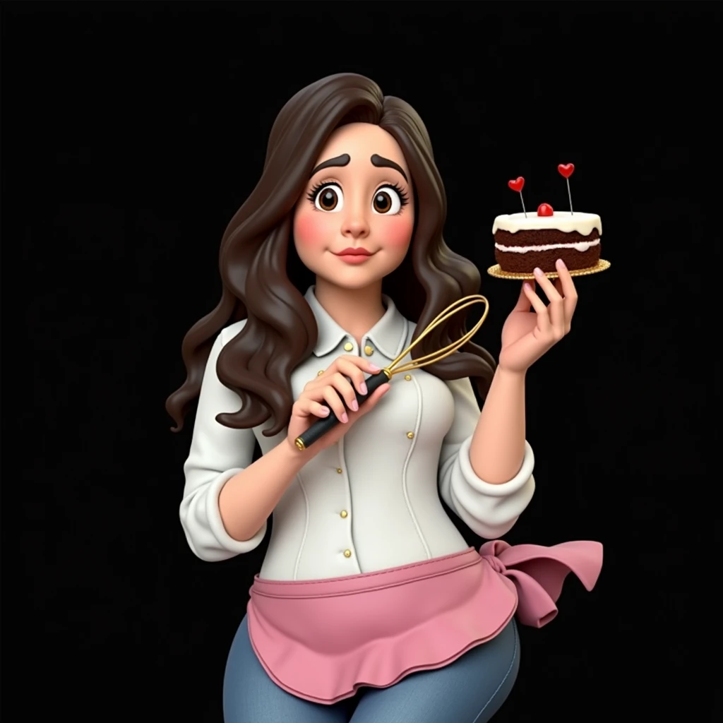 Cartoon character of a woman in a pink apron, in his left hand he is holding a whisk and in his right hand he is holding a cake, an animated character, stylized character, animation style rendering, 3d stylized, Arnold Maya rendering, Stylized 3D rendering, toon render screenshot, 3d character, 3d character, Stylized 3D rendering, 3D character rendering, cartoon character, Personagem de close up, character posing, (Pixar-style) (master part:1.2) (bokeh) (best qualityer) (skin detailed) (detailed texture) (8k) (Argilla) (cinematic lighting) (sharp focus，Sit down and lift your upper body