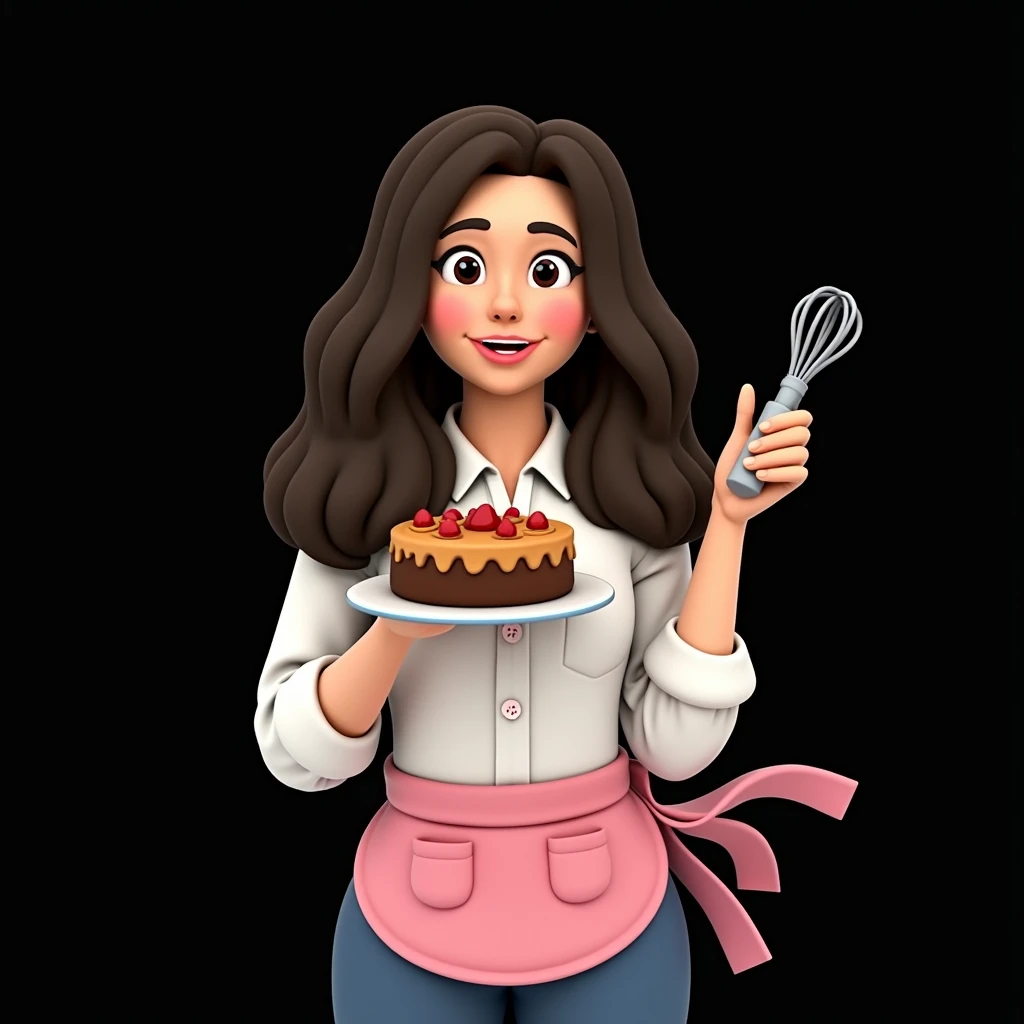 Cartoon character of a woman in a pink apron, in his left hand he is holding a whisk and in his right hand he is holding a cake, an animated character, stylized character, animation style rendering, 3d stylized, Arnold Maya rendering, Stylized 3D rendering, toon render screenshot, 3d character, 3d character, Stylized 3D rendering, 3D character rendering, cartoon character, Personagem de close up, character posing, (Pixar-style) (master part:1.2) (bokeh) (best qualityer) (skin detailed) (detailed texture) (8k) (Argilla) (cinematic lighting) (sharp focus,Sit down and lift your upper body