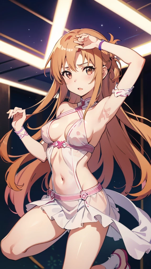 (((masterpiece, Highest quality, High resolution, 超High resolution, 4K, ))), One Girl, ((Food Wars!, Erina Nakiri)), ((((10 talents, , Slender Lolita Body)))), Blonde long hair, Height: 130 cm, ５Head to Body, ((My chest is starting to swell a little, Small breasts)), In a tattered uniform, A tattered mini skirt, ((Exquisitely designed satin pink panties, An intricately designed pink satin bra)), ((((Uniforms are violently torn, Half naked, Underwear is violently torn)))), Clothes are violently torn, The skirt is violently torn, Panties are violently torn, The uniform is torn more roughly, Lying on the ground, Gravure pose, Pussy, Nipples