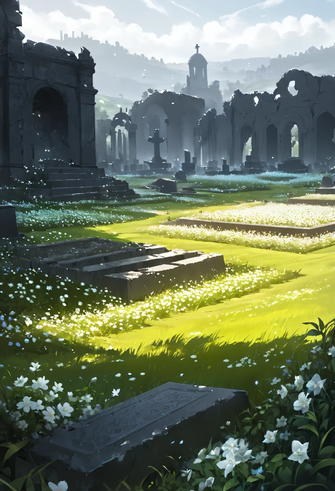 field of white flowers, flower cemetery, hinterland, hinterland do jardim do castelo, paisagem sombria, (dreamy landscape), , ruins, tombs, fallen bodies, destroyed armor, karo, ruins, tombs, brutal violence, tenebrosa
