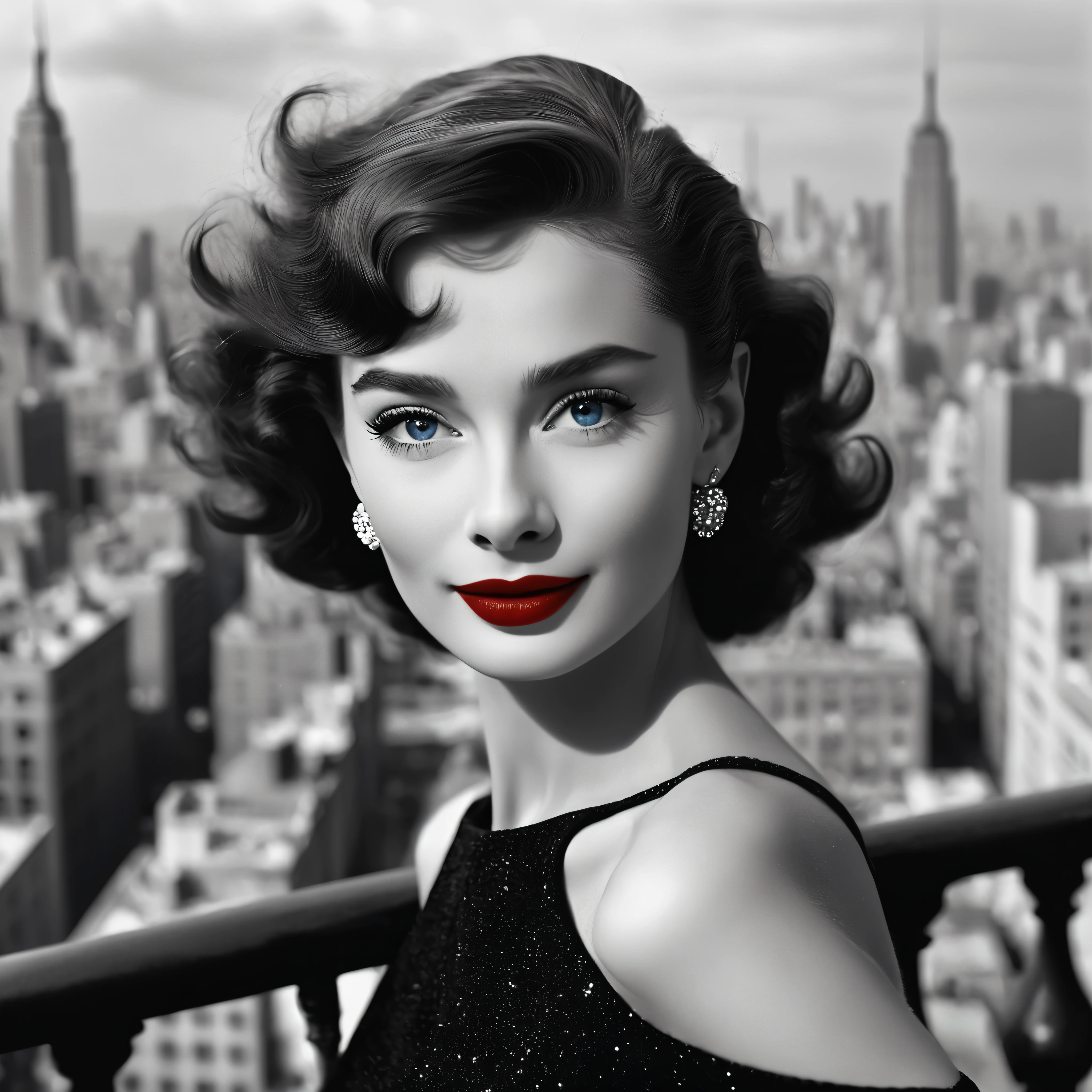 Imagine a distinguished lady with wavy, curly hair。, Her bright blue eyes sparkled with determination.,. Her bold red lips complemented her confident smile,She stands against the backdrop of a monochrome cityscape。, Exuding the power and elegance of Audrey Hepburn。, 8K, Surrealism