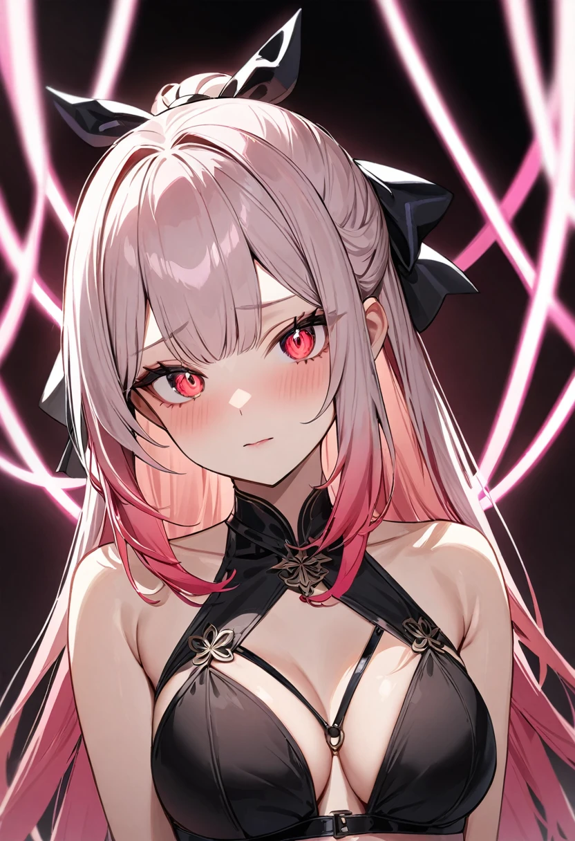 (masterpiece, top quality, very aesthetic, 4k、illustration), intricate detail, 1woman,solo,contrapposto 、Strong glowing eyes、,(upper body)、 bored、(Erotic),beautiful face、fingerless gloves、(fluorescence pink gradient hair)、multicolored hair,hair ribbon,middle hair,sidelock ,red eyes、SM Queen、bdsm、medium breasts、Slim 、