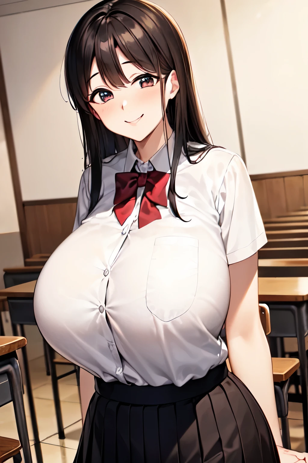 (超High resolution,4K,Very detailed, photograph, 8k, High resolution, High resolution, Absurd:1.2),16 year old Japanese girl,expensive,Long black hair,Beautiful character design,Beautifully detailed eye depiction,Perfect Face,Expressive eyes,blush,(A satisfied smile:1.2),School uniforms,(Huge breasts:1.2),Narrow waist,In the classroom,evening