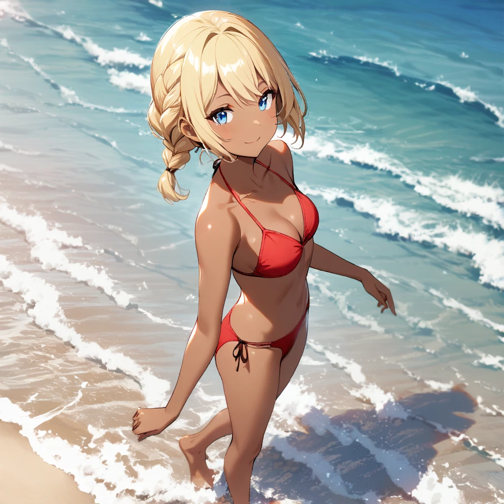 1girl(blond short hair, Braid, red bikini, Blue eyes, tall, tan skin, barefoot, light smile), sea, swim