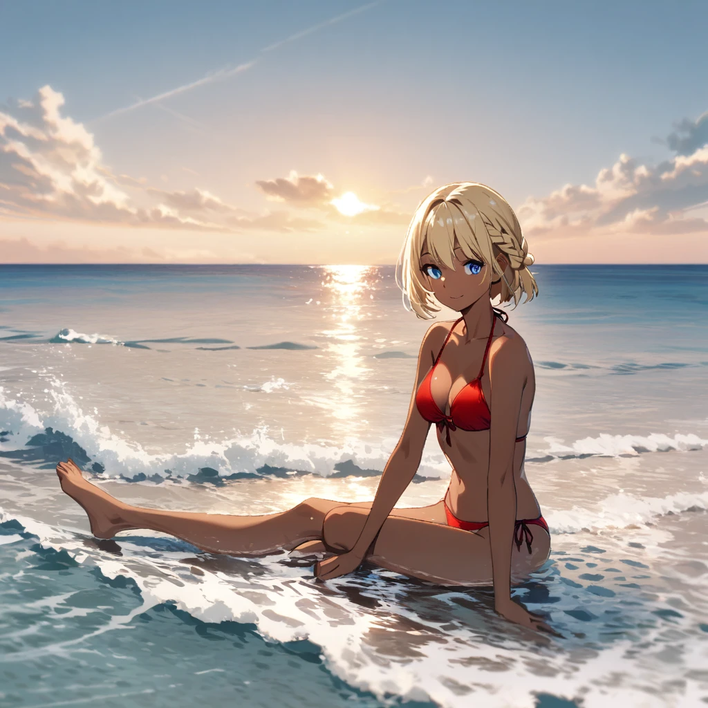 1girl(blond short hair, Braid, red bikini, Blue eyes, tall, tan skin, barefoot, light smile), sea, swim