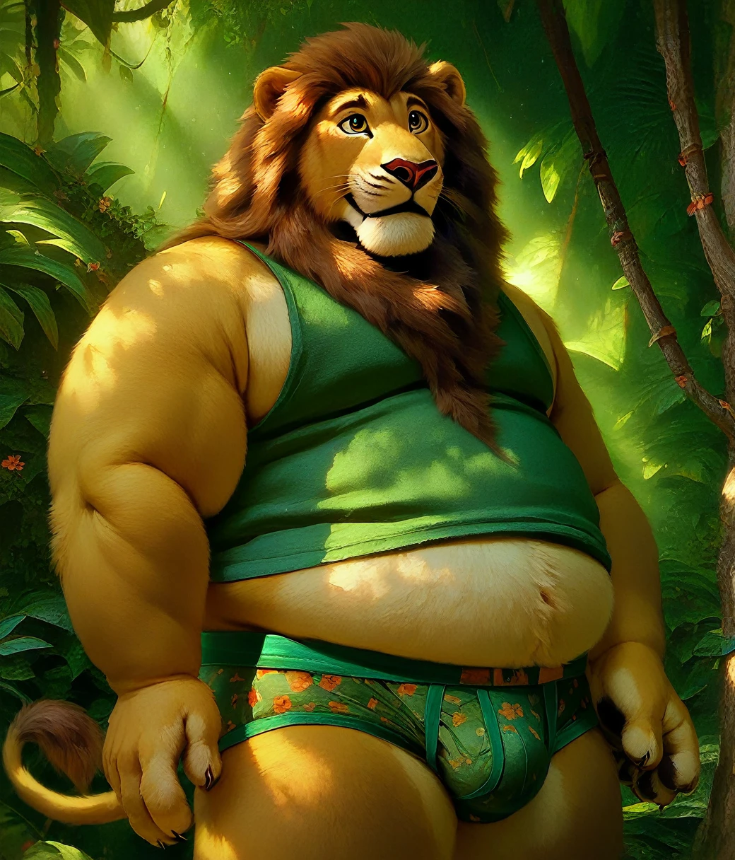 (cute, fat, obese, anthro, male, lion), nude, fullbody, (((cropped green tank top, green briefs))), jungle, hires textures, highly detailed, intricate details, best quality, masterpiece, bright lighing, ambient lighting, detailxl
