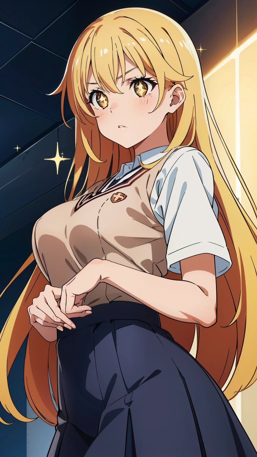 (masterpiece,best quality,high resolution,8k:1.2), Anime Coloring, ultra HD, wallpaper, beautiful detailed eyes, perfect face, beautiful detailed eyes, extremely detailed face, perfect lighting, extremely detailed CG, perfect hands,perfect anatomy, perfect body, perfect hands, perfect fingers,1girl, Yellow long hair, yellow eyes, (pupils sparkling:1.2), (large medium breasts), medium buttocks, (tokiwadai school uniform), (A Certain Scientific Railgun character Shokuhou Misaki), (cowboy shot:1.2),