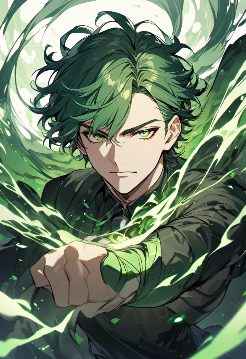 male, solo, handsome, green eyes, green hair, short hair, curly hair, dark green aura, powerful