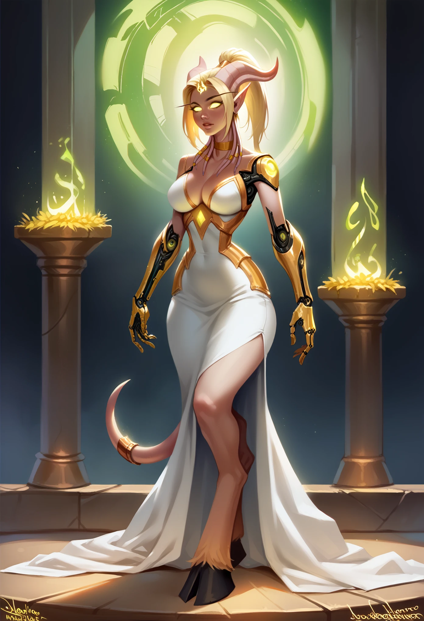 A hybrid draenei bloodelf woman with long pointy ears and draenei horns, a long tail, large breasts, narrow waist, wide hips, cyborg body part with liquid armor, white dress, glowing gold eyes, gold tinted skin, gold hair, facial tattoos, gold necklace and pendant, gold choker, gold tiara, long high ponytail hair, cyborg arms and chest, draenei jewelry over the body, sci-fi, intricate details, hyper realistic, cinematic lighting, dark fantasy, chiaroscuro,volumetric lighting,glowing energy,photorealistic,8k,best quality,masterpiece, full body