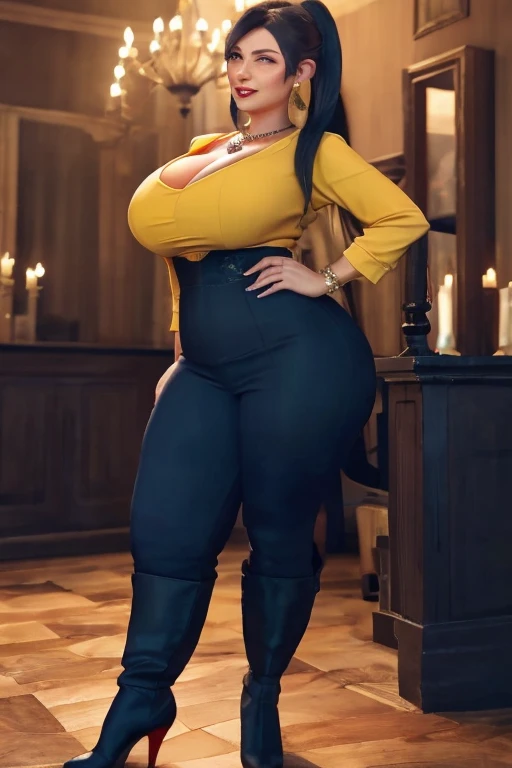 Tifa lockhart, implated Big breast, long sleeve thin yellow dress that show body curve with a cleavage,Game,1girl,Jewel ring,Gold chained round shape necklace,Hoopa earring,Bracelet,Red lips,(Dark blue eyeshadow),Big cleavage,hair bun,Beehive Bun style ,black hair,Look at us,Curvy,Unnatural big breast,Cleavage,black color long nail,Swaying hip,Head to waist view,eyes on us,Sculpted calves figure,Thick tights,Wide hips,very big cleavage,Enchanced big breast,((Diamond wedding ring)),Aristoticat ring, Detailed eyes,Busty,don corneo mansion,Madam tifa,View from front,dangerous cleavage,semi sweetheart cleavage,Solo
