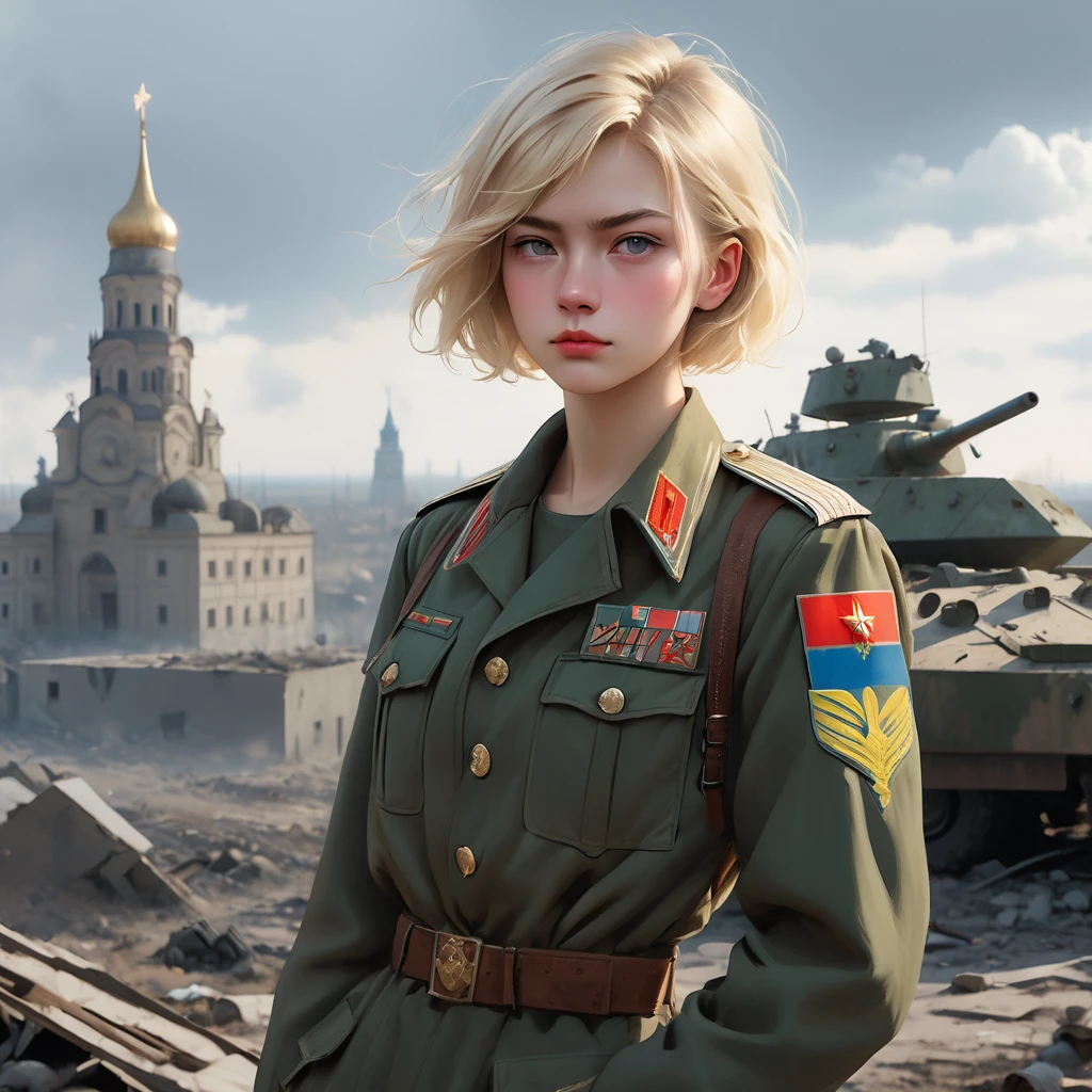 woman,Around 22 years old,Height 1.95 meters,Soldier,Wearing a military uniform,Holding a gun,Russian,Armored Vehicles,Russian-Ukrainian battlefield,Blonde short hair,Soviet-style architecture,Standing on the rooftop,Holding a cigarette,Depression,Sad but not hurt,Sharp face,Other ruined buildings nearby,
