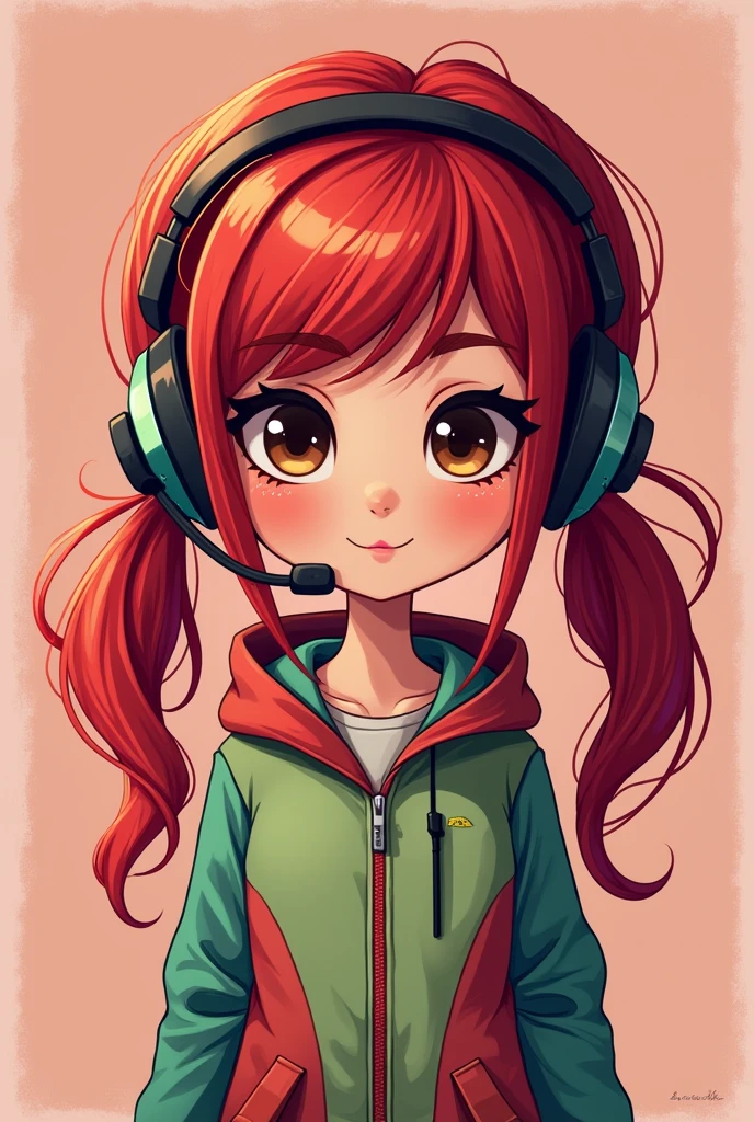 Avatar for a YouTube channel in the style of Julia Minerigril, but with changes. The van is red, the clothes are colorful, I want a cartoon style, drawing style. The hair style is tied on both sides, and she's a gamer with red hair and taller, with colorful clothes. Put her with gamer headphones and hair tied on both sides, please put brown eyes. 